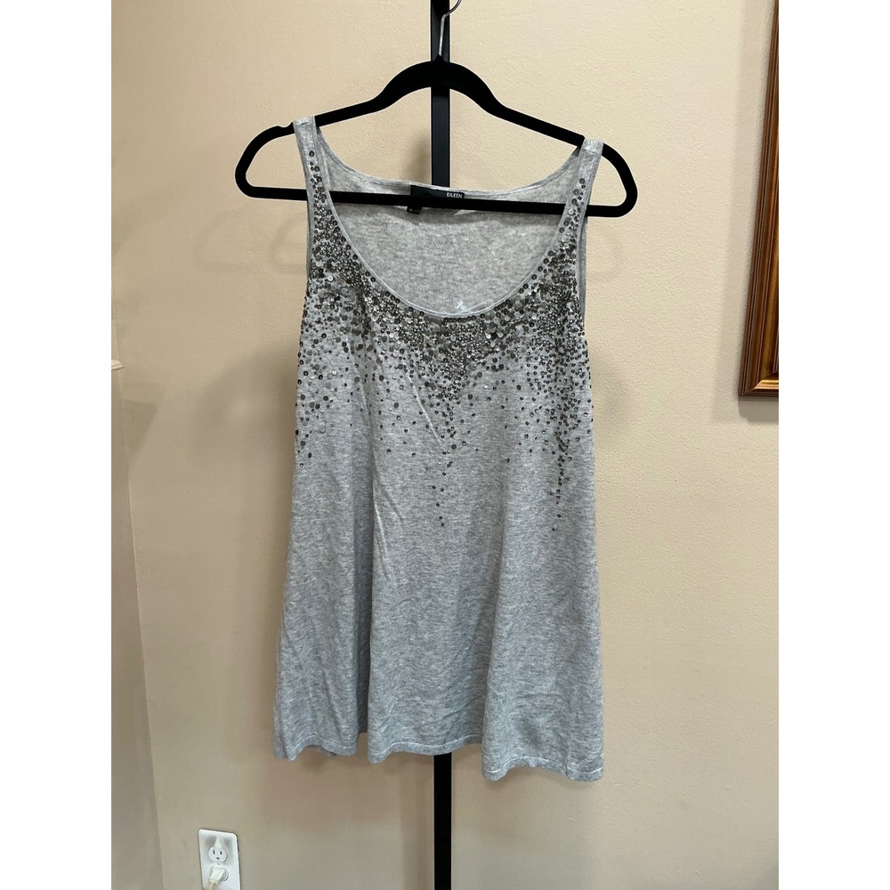 Eileen Fisher Tank Top M Gray Sequin Organic Cotton Cashmere Knit Scoop Neck